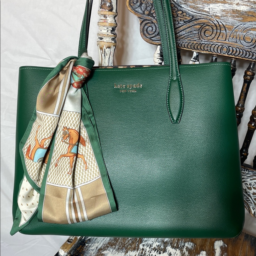 Kate Spade ♠️ All Day Lovely Leopard Pop Large Green Leather Trim Tote Bag